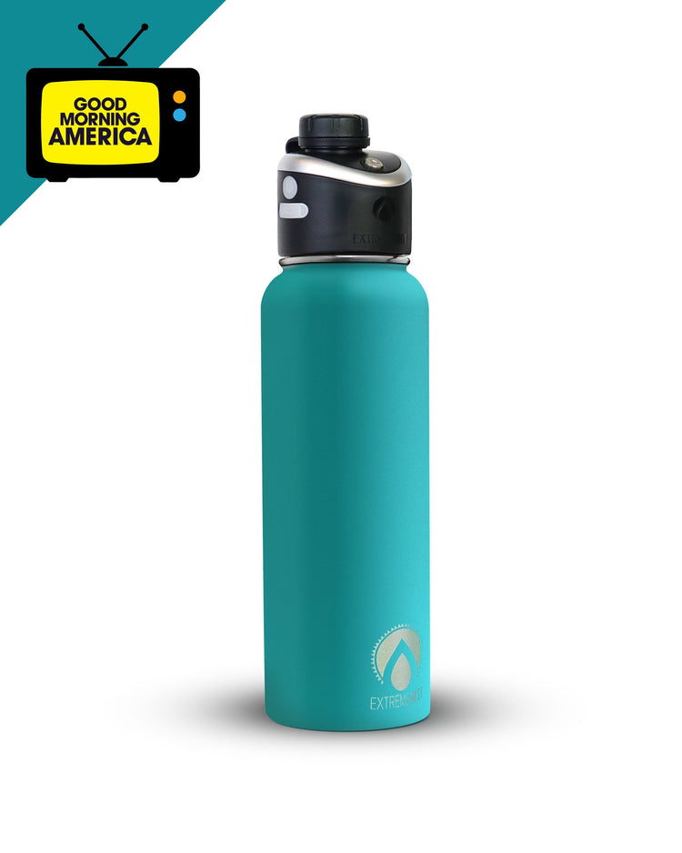 Teal water bottle with black cap on a white background, featuring 'Good Morning America' logo.