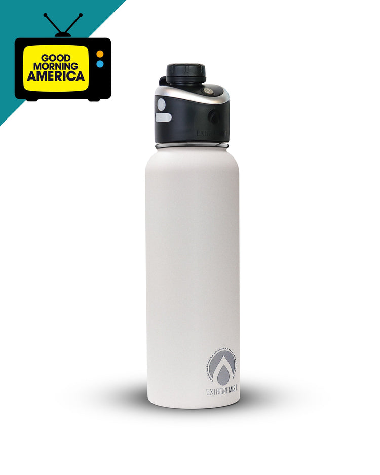 White water bottle with black cap on a white background, featuring the Good Morning America logo.