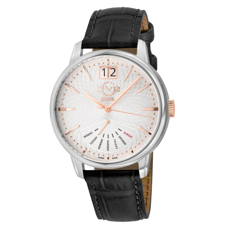 Watch with black leather strap and white face on a white background