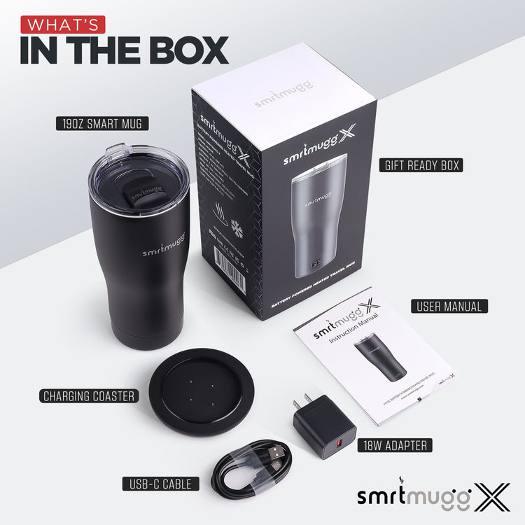 smrtmugg X smart mug with packaging, accessories on a white background