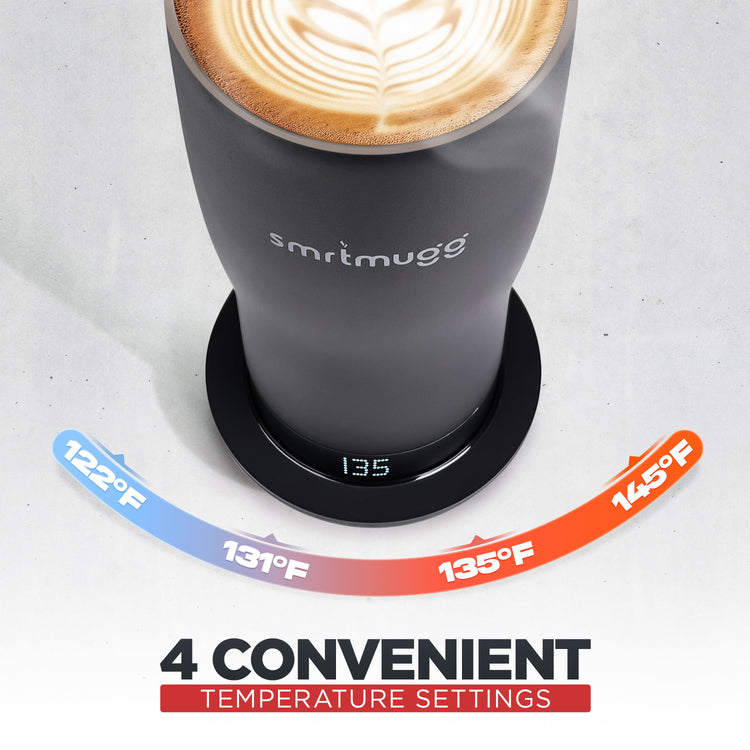 Black mug with 'smrtmugg' branding and temperature display, filled with a latte, on a light gray background.