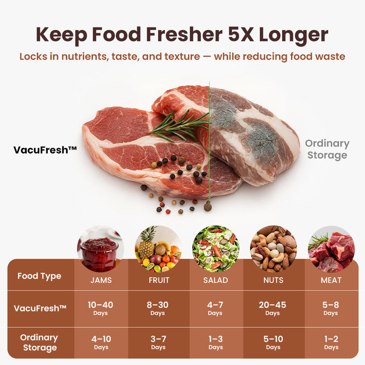 Comparison of food freshness with VacuFresh and ordinary storage methods, featuring raw meat and vegetables.
