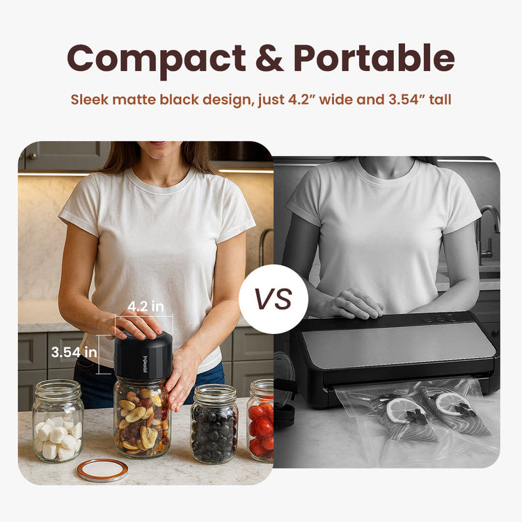 Person holding a compact black container next to a printer, comparing size.