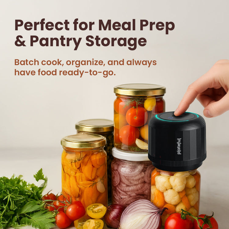 Hand pressing a button on a black device labeled 'Fresheful' with jars of food and vegetables in the background.