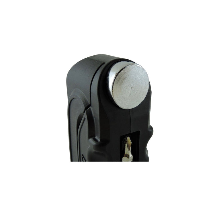 Black and silver tool on a white background