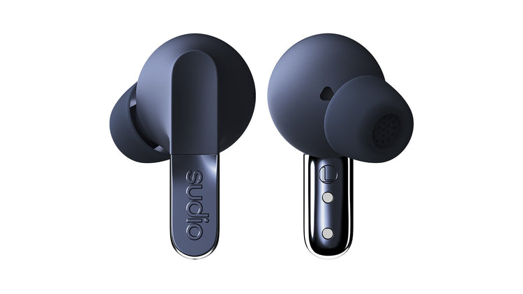 Black wireless earbuds with charging case on a white background