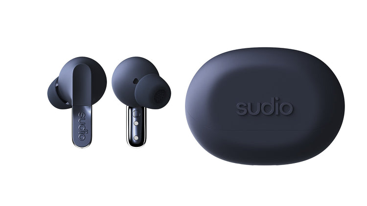 Sudio wireless earbuds with charging case on a white background