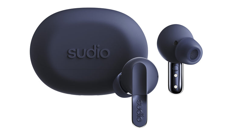 Sudio wireless earbuds with charging case on a white background