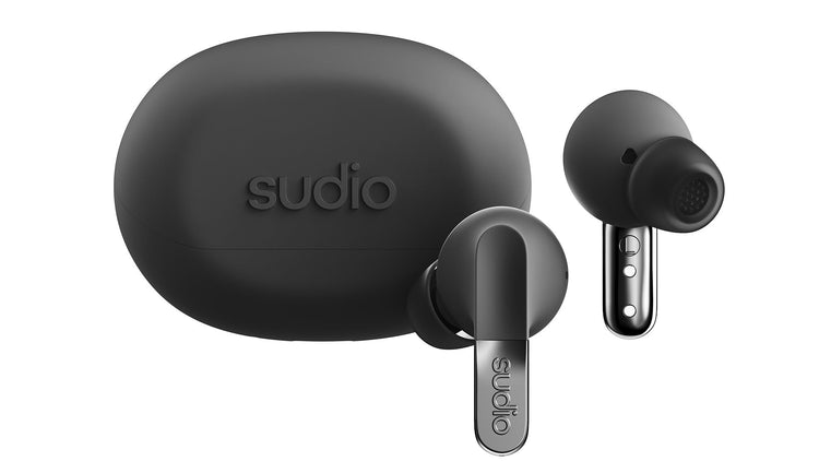 Black wireless earbuds with charging case on a white background, featuring the brand 'sudio'.