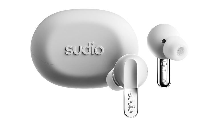 Sudio wireless earbuds with charging case on a white background