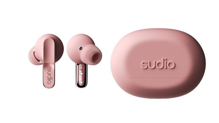 Pink wireless earbuds with charging case on a white background, featuring the brand 'sudio'.