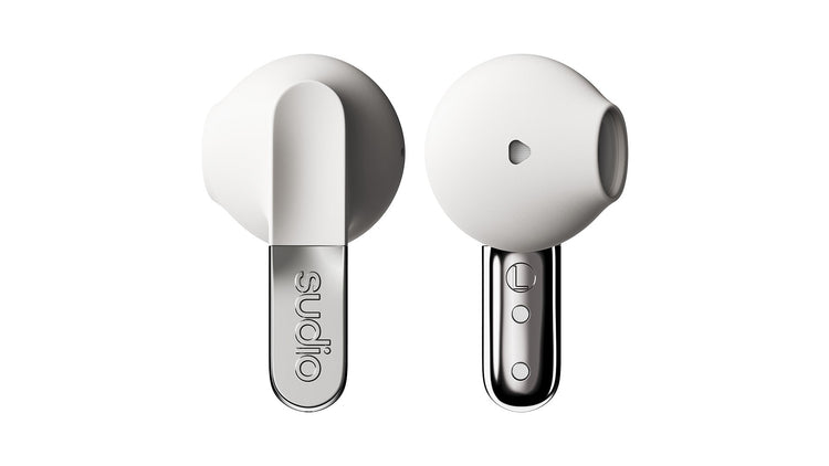 White wireless earbuds with charging case on a white background