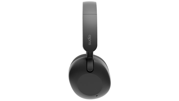Black headphones with a brand logo on a white background