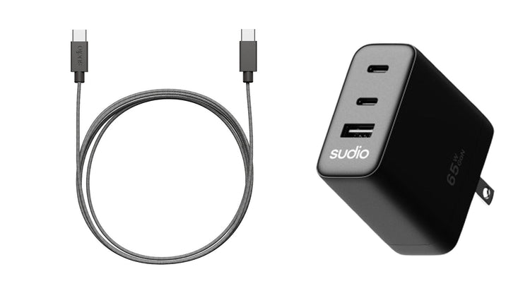 Sudio USB-C wall charger with cable on a white background