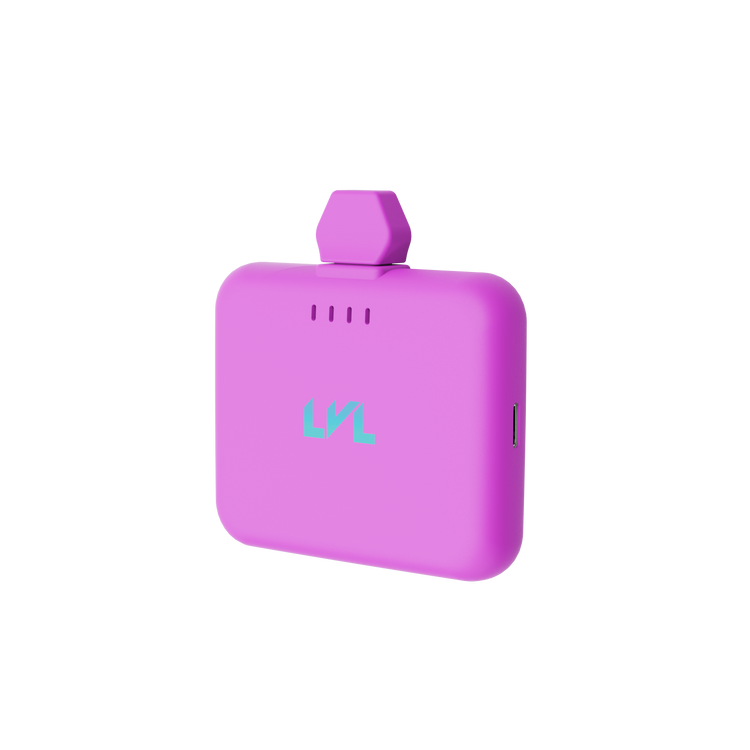 Purple handheld device with a logo on a white background