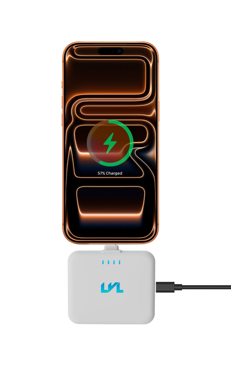Phone with a charging case on a white background