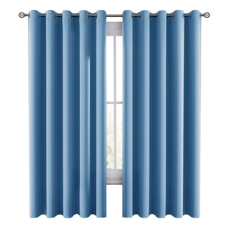 Blue curtains with grommets on a white background