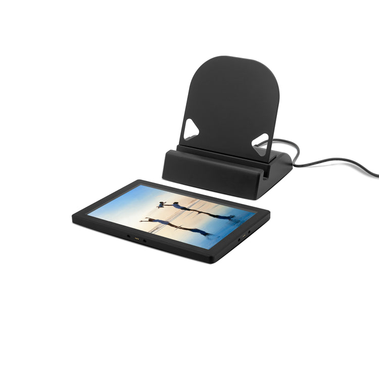 Black tablet stand with a tablet on a white background