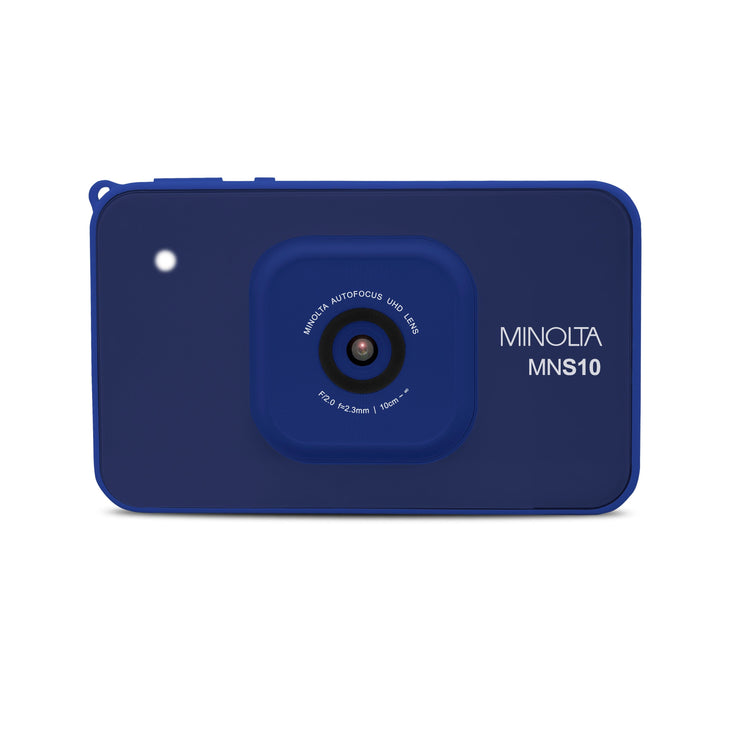 Blue Minolta MNS10 camera on a white background