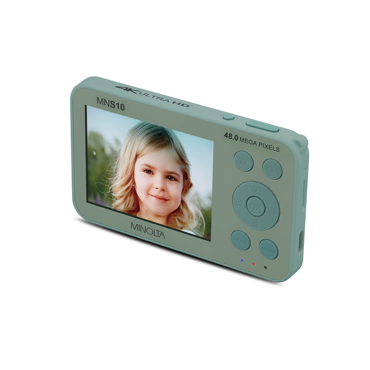 Digital photo frame with a young girl's face displayed on the screen against a white background