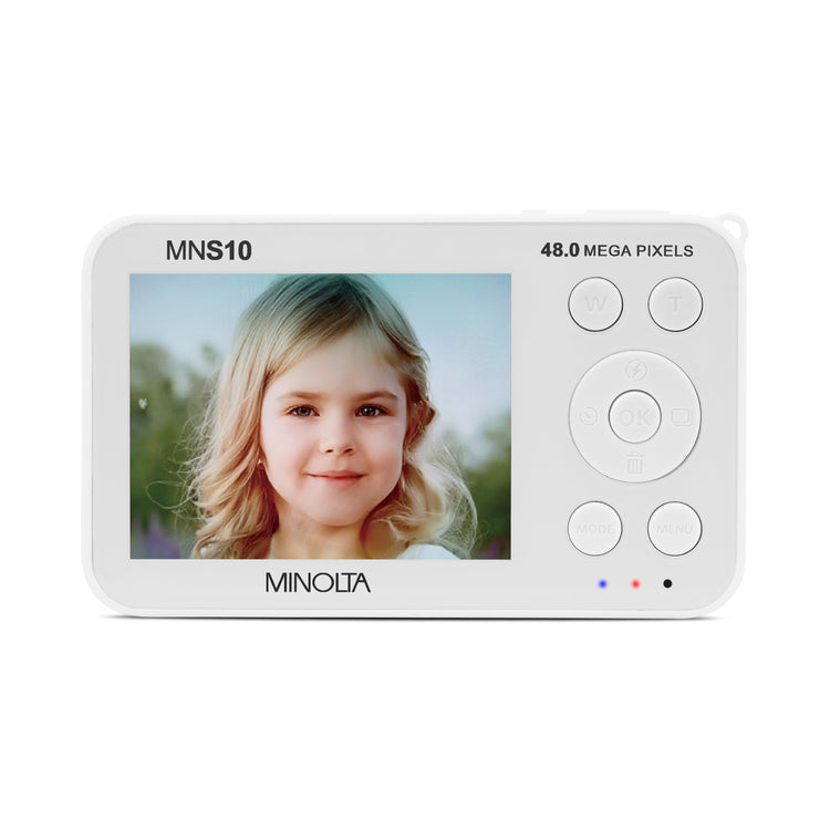 Digital camera with a screen displaying a young girl's face on a white background