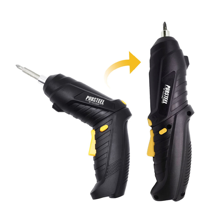 Two black screwdrivers with yellow accents on a white background, one showing the head and the other showing the handle.