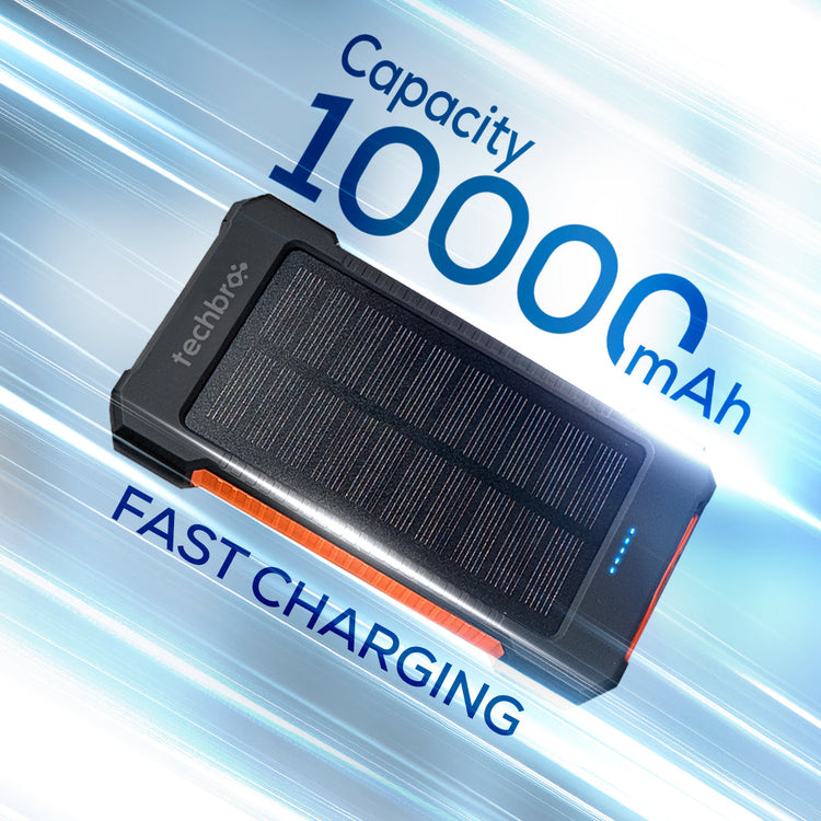 Solar power bank with 10000mAh capacity on a blue background