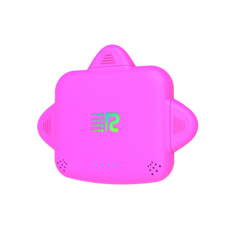 Pink electronic device shaped like a cloud with a logo on a white background