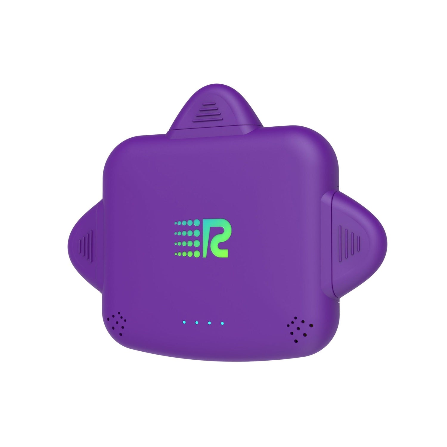 Purple electronic device with a green logo on a white background