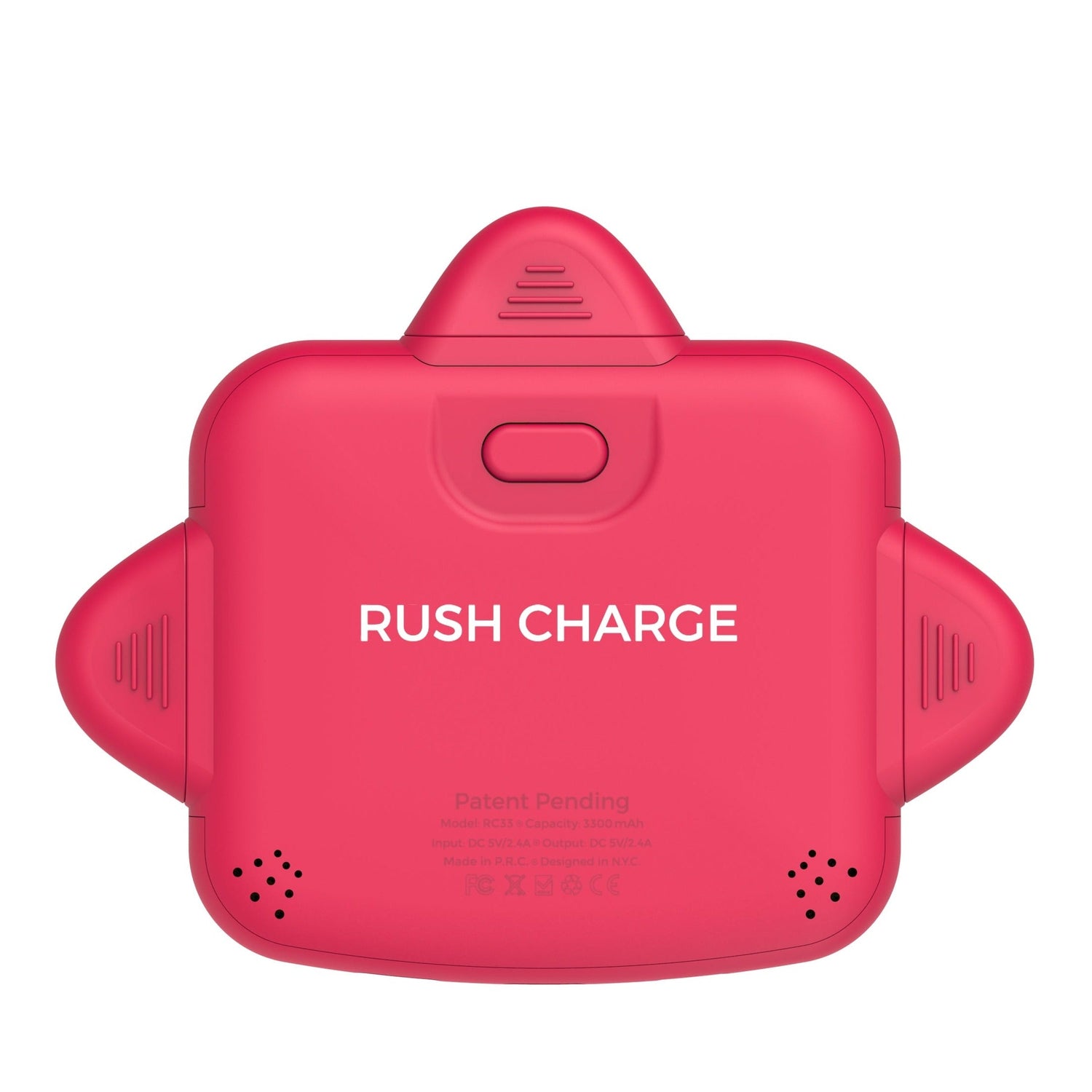 Red electronic device with 'RUSH CHARGE' text on a white background