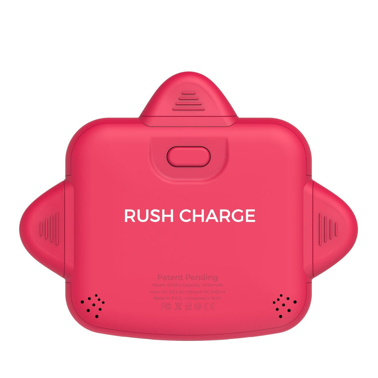 Red electronic device with 'RUSH CHARGE' text on a white background