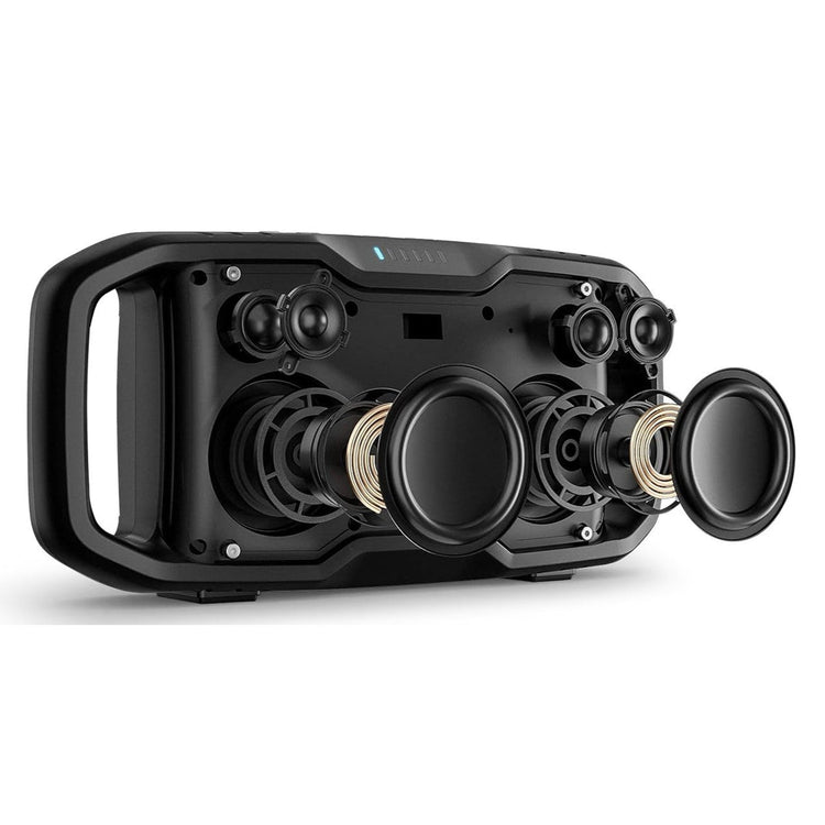 Black portable sound system with multiple speakers on a white background