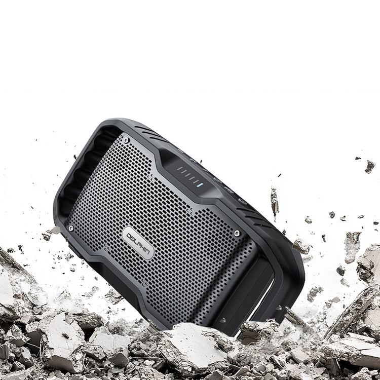 Rugged black speaker with a brand logo on a white background