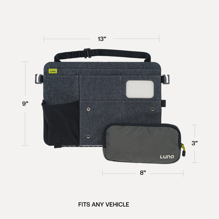 The Luno® Seatback Organizer, in black, measures 13" x 9" and features multiple pockets and a handle. It includes an 8" x 3" detachable gray pouch. The text "Fits Any Vehicle" is included, making it ideal for car camping.