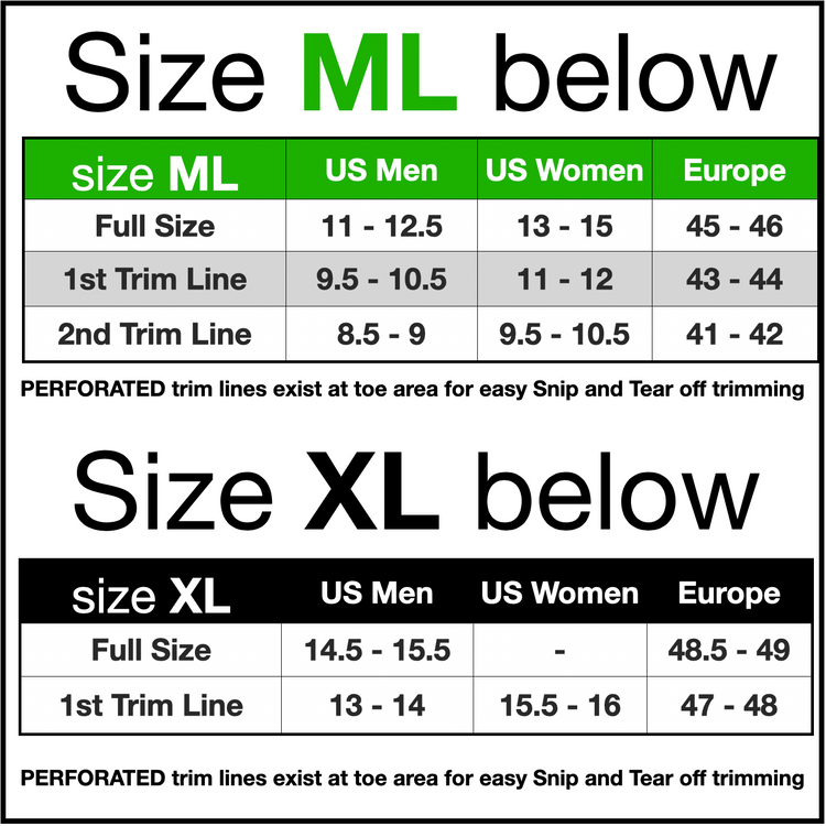 Size chart for shoes comparing US Men, US Women, and Europe sizes with perforated trim lines.