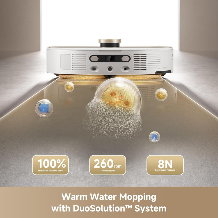 Cleaning device with water and dirt particles, labeled 'Warm Water Mopping with DuoSolution™ System'.