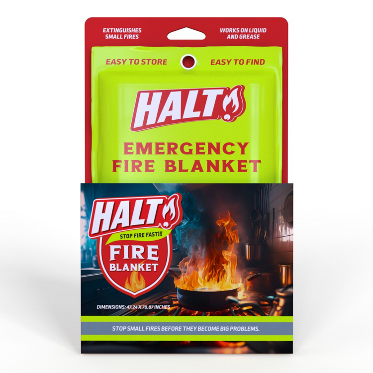 HALT Emergency Fire Blanket packaging with green and red design.