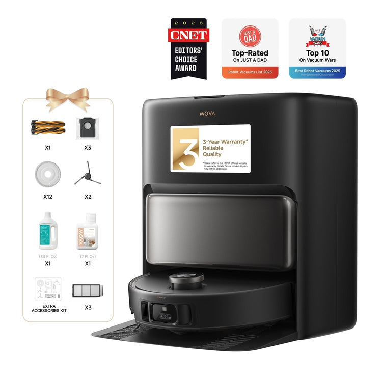 Robotic vacuum cleaner with accessories and awards on a white background