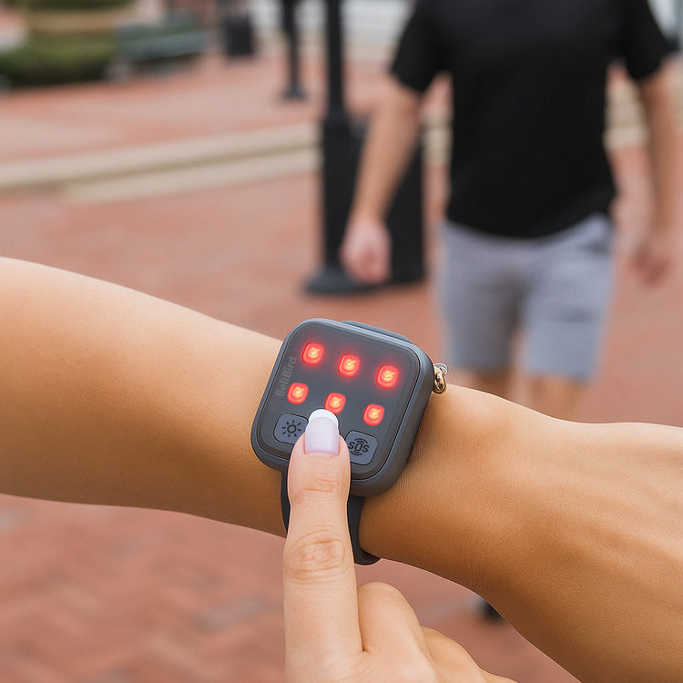 Smartwatch on a wrist with a blurred background of people walking.