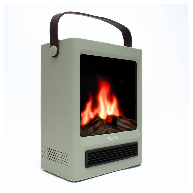 Portable fireplace with a screen displaying flames on a white background