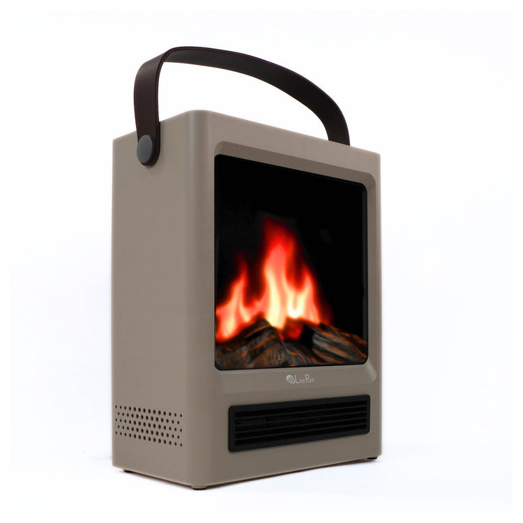 Portable electric fireplace with flame display on a white background