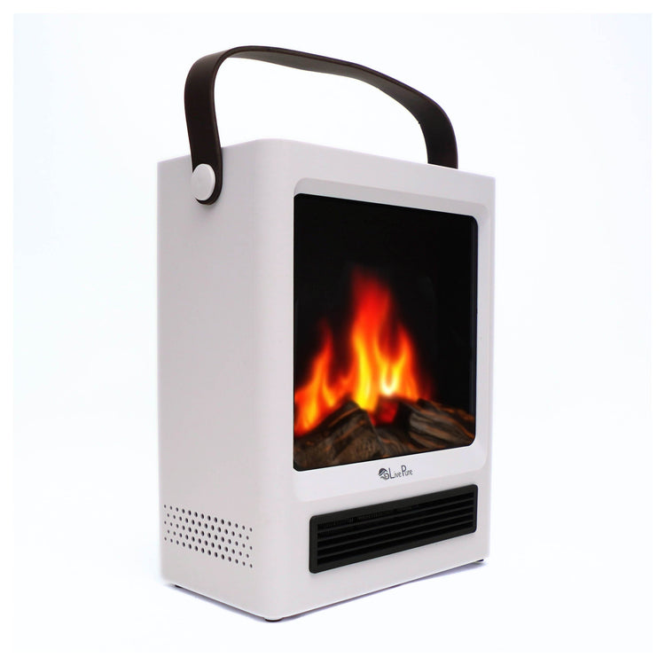 Portable electric fireplace with digital display on a white background