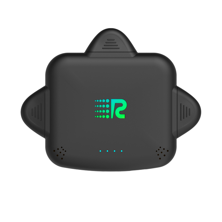 Black electronic device with a logo on a white background