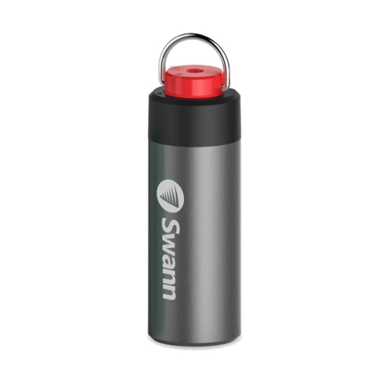 Gray water bottle with red cap and Swann logo on a white background