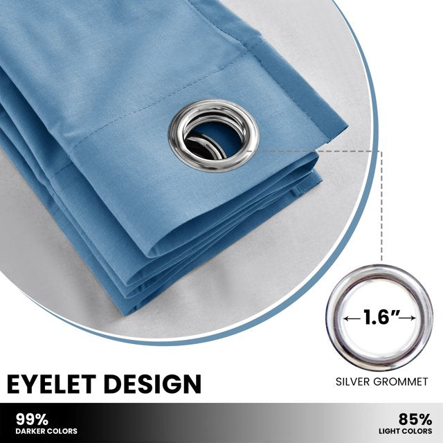 Blue curtain fabric with silver grommet on a white background
