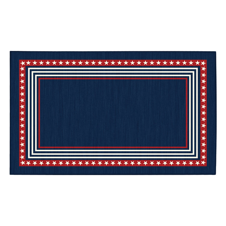 Navy blue rug with red and white border featuring stars on a white background