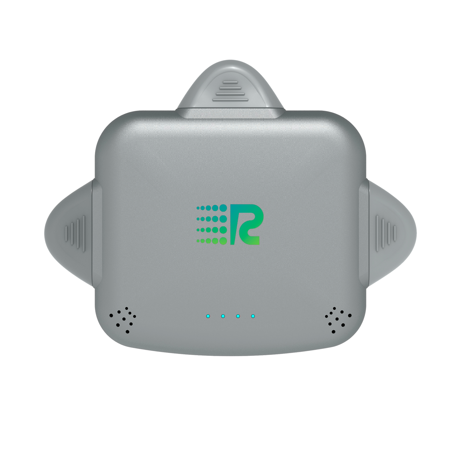 Gray electronic device with a logo on a white background