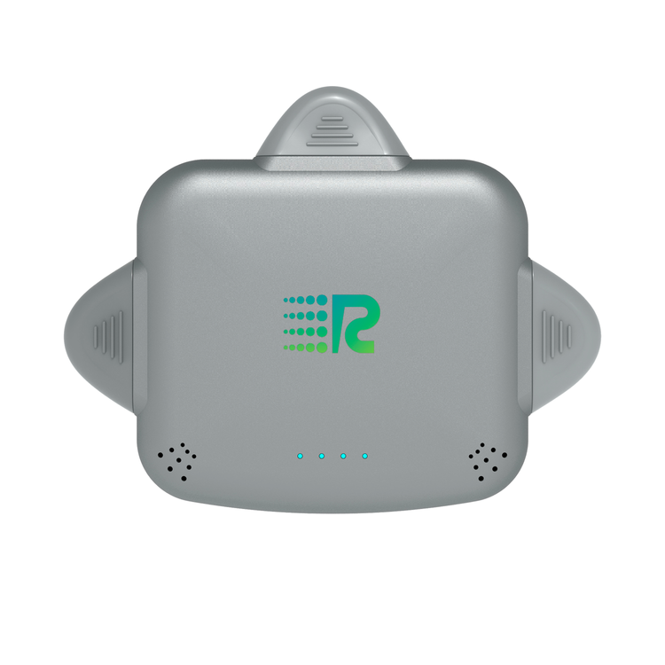 Gray electronic device with a logo on a white background