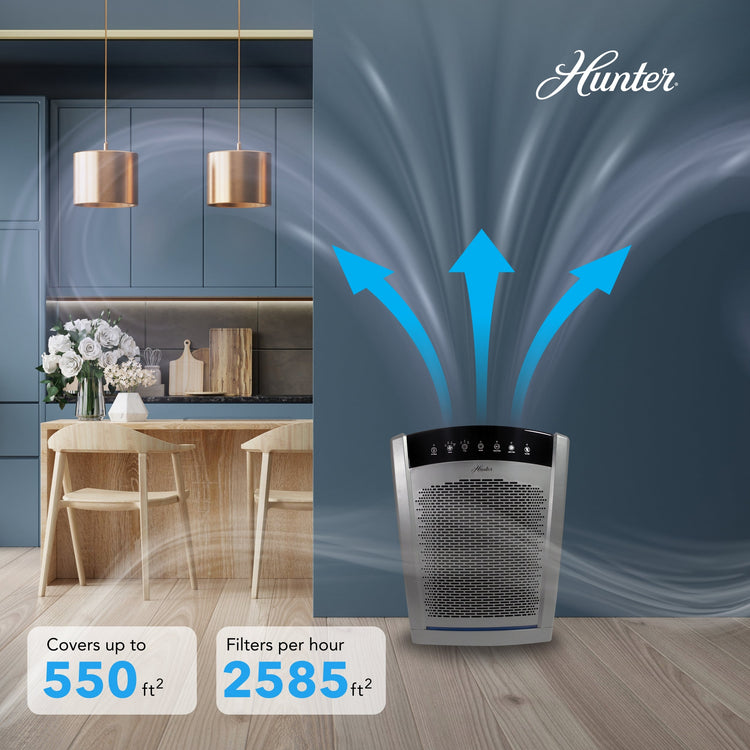 Hunter air purifier with blue arrows indicating airflow in a modern kitchen setting