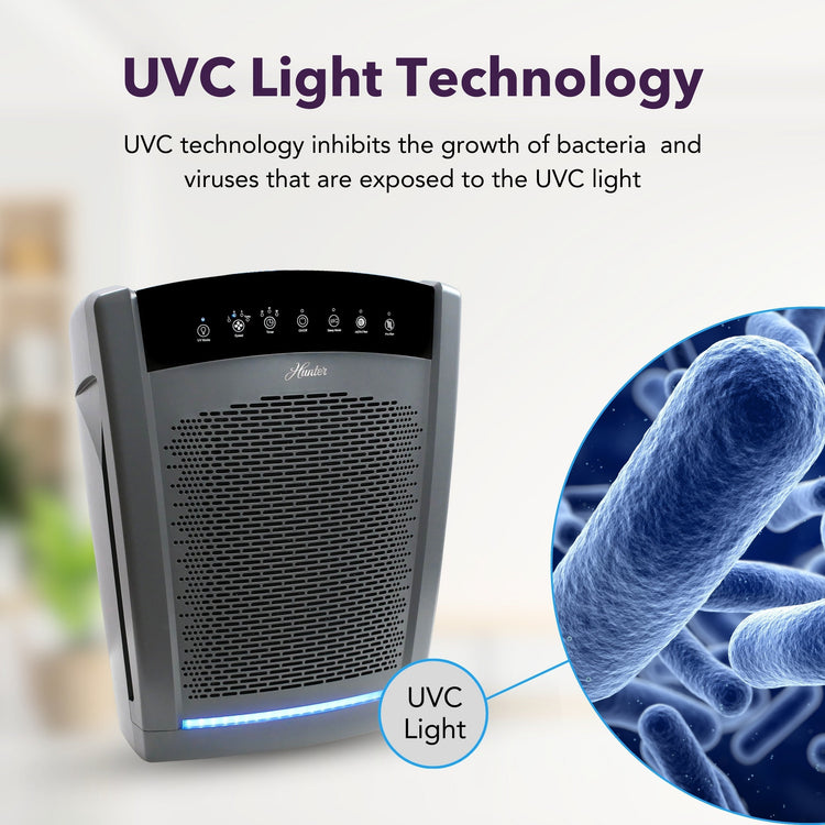Air purifier with UVC light technology and bacteria illustration on a blurred indoor background
